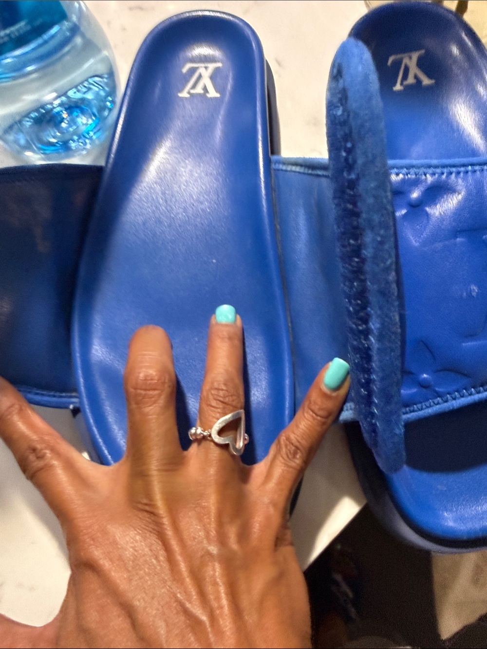 Louis Vuitton Cobalt Blue Embossed Monogram Slide Sandals - Picture 9 of 16